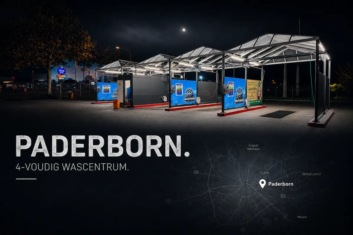 Projekt Paderborn: vierfaches SB-Waschzentrum mit beleuchteter Überdachung bei Nacht
